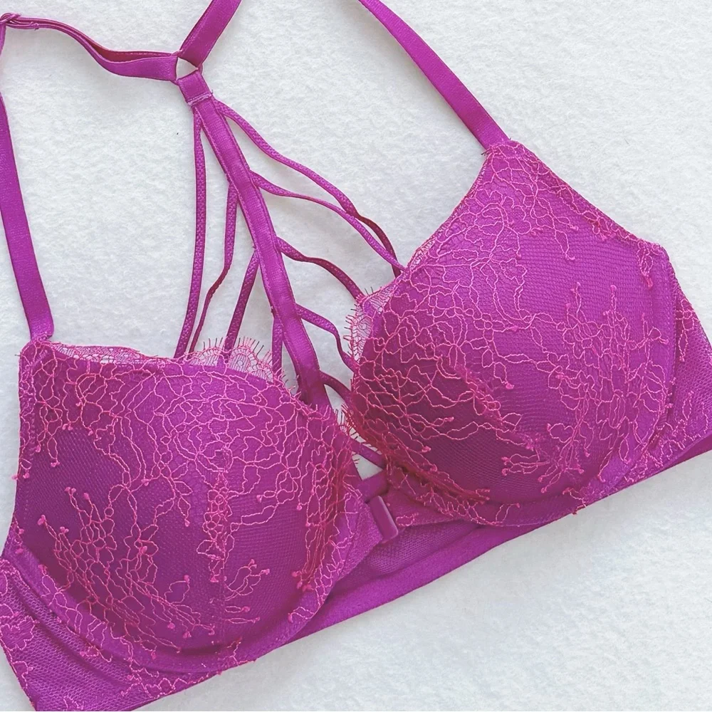 Victoria's Secret Very Sexy Magenta Floral Lace Front-Close Push-Up Bra 32B - Picture 2 of 16